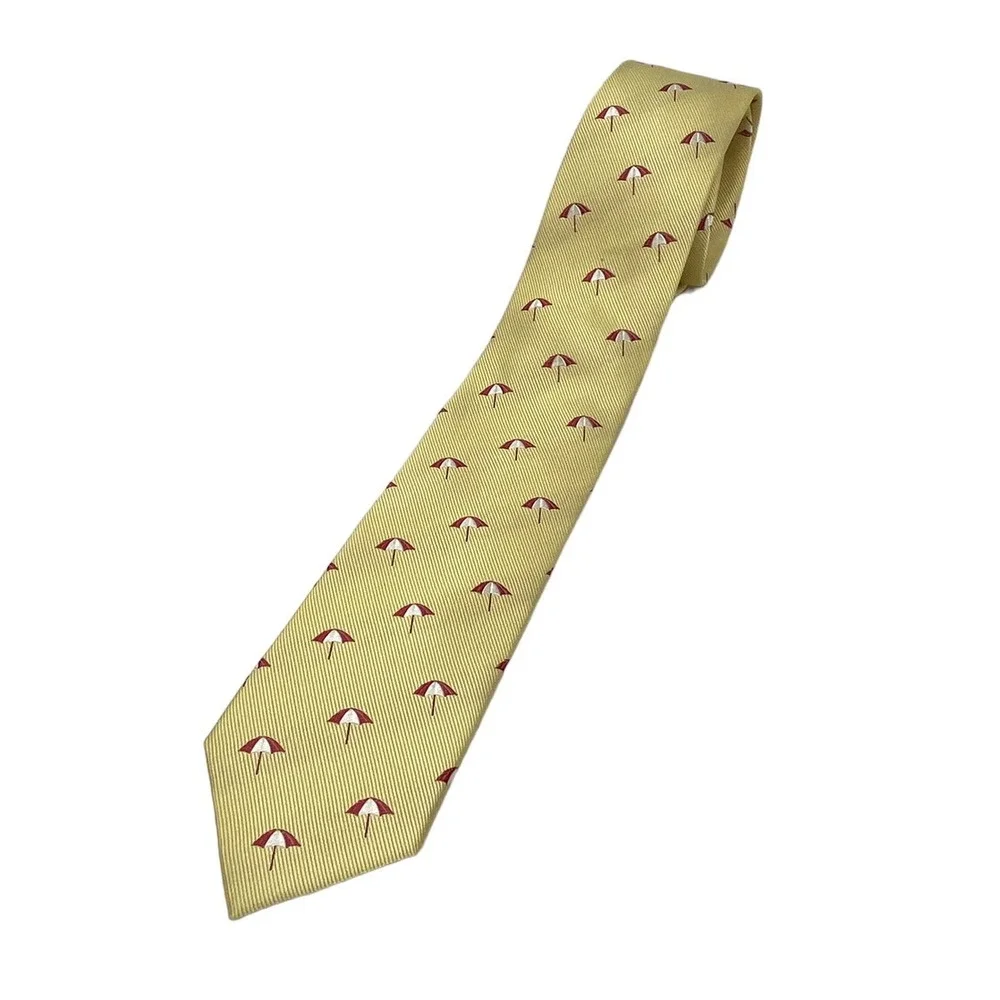 J.Crew Mens Silk Tie Yellow with Red & White Umbrellas Slim Skinny Neck Tie